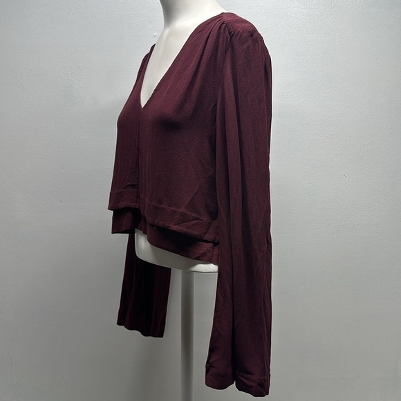Free People Crop Top Cropped Long Sleeve Blouse V Neck Crepe Boho Maroon Size XS - Picture 6 of 9